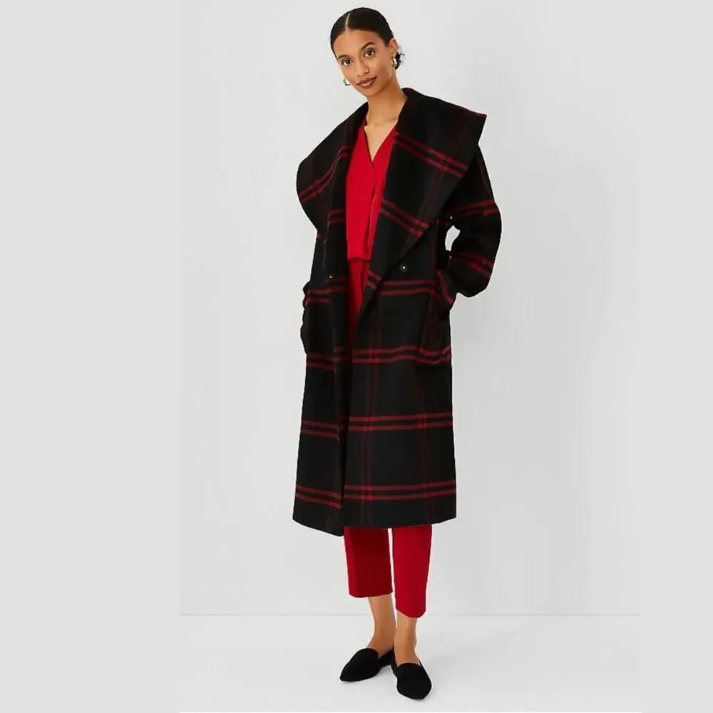 Ann Taylor Wool Blend Plaid Long Coat | Double Breasted Black Gray Red NWOT $300